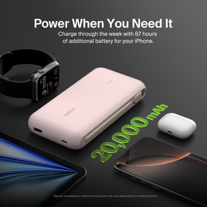 Belkin BoostCharge Portable Power Bank 20K with integrated USB-C cable - Pink