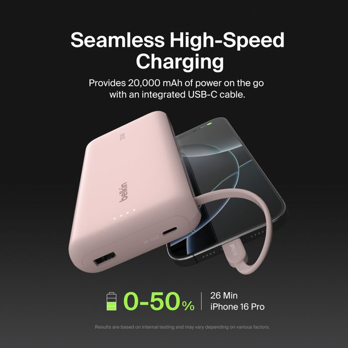 Belkin BoostCharge Portable Power Bank 20K with integrated USB-C cable - Pink