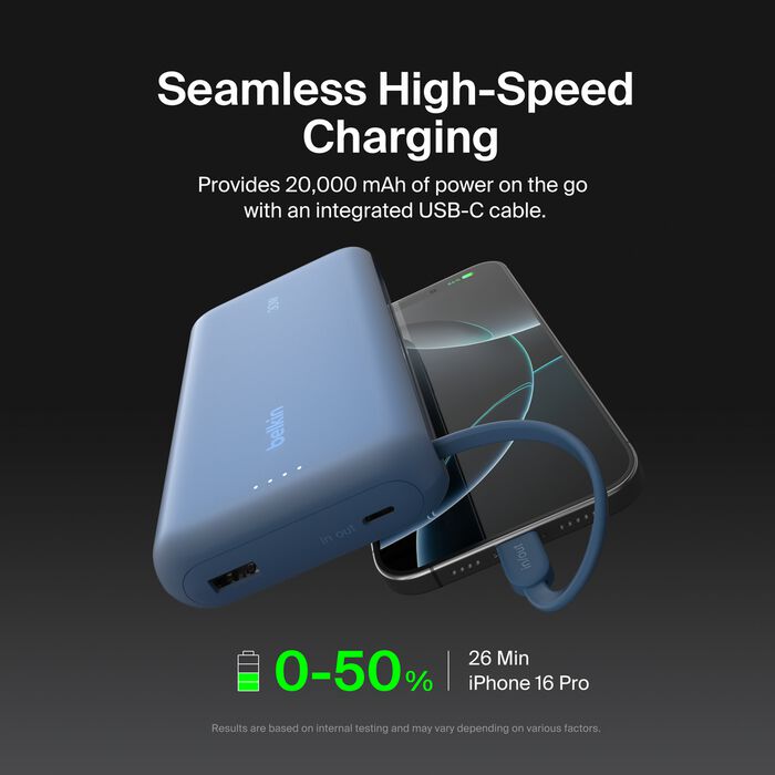 Belkin BoostCharge Portable Power Bank 20K with integrated USB-C cable - Blue